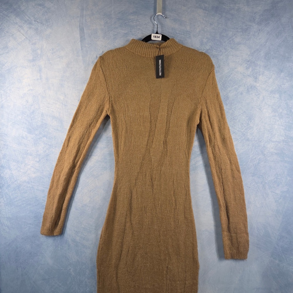 PrettyLittleThing Womens Camel Knit‎ Open Back Mock Neck Maxi Dress Small NWT - Picture 4 of 8
